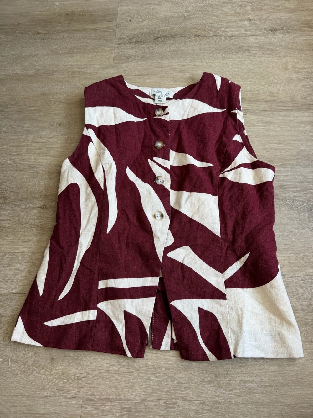 Rachel Zoe Sleeveless Button Vest linen Blend Burgundy SZ M